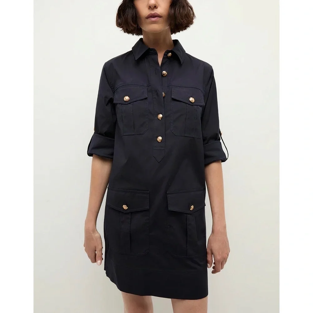 Veronica Beard Mini Long-Sleeve Navy Saude Cargo Shirt Dress